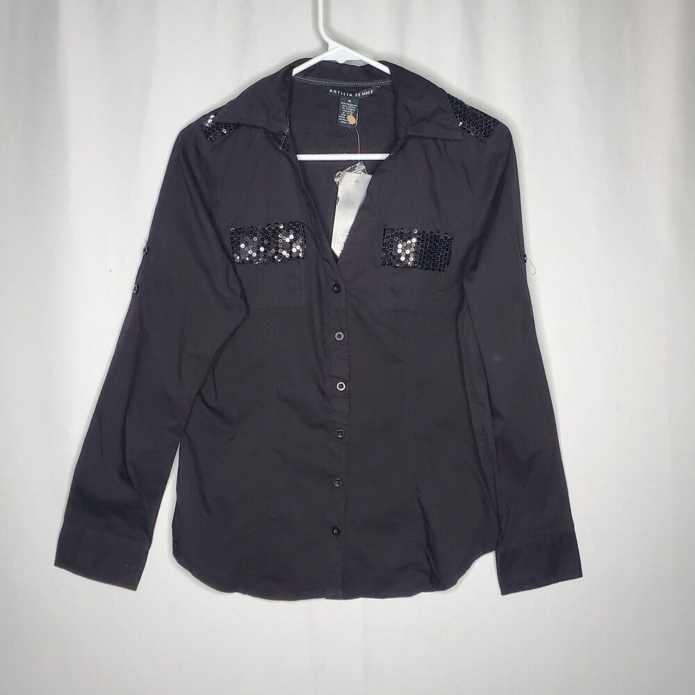 Antilla Femme Button Collar Shirt Women Medium Black Stretch Sequin Roll Tab Y2K